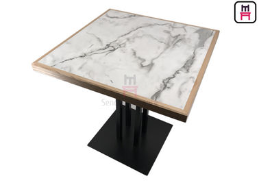 kaufen 4 Personen-Buffet-lamellenförmig angeordnetes Speisetisch-weißes Marmormuster HPL mit Kiefernholz-Rand online manufacture
